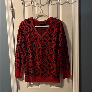 New York & Company Red and Black Leopard V-Neck Sweater